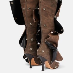 Denim Stitching Casual Two-way Pile Style Knee-length Boots