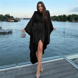 Trendy Solid-color Pleated Patchwork High-waist Split Dress