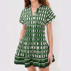 Fitted-waist V-neck Button-front Short-sleeve Dress