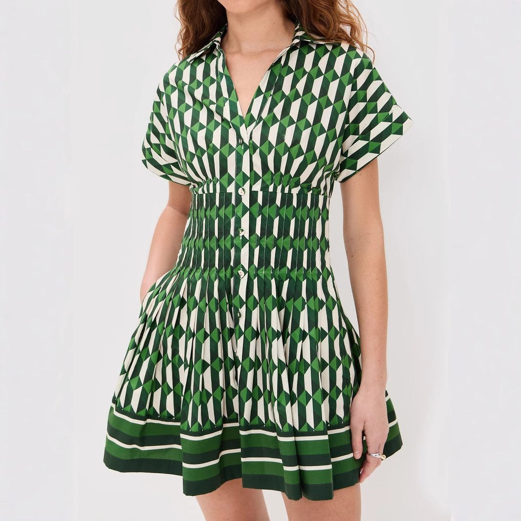 Fitted-waist V-neck Button-front Short-sleeve Dress - Image 2