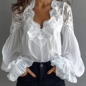 Womens Lace-Patchwork Ruffle-Shoulder Pleated Shirt