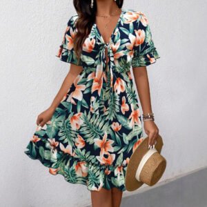V-neck Floral-print Chic Resort-style Dress