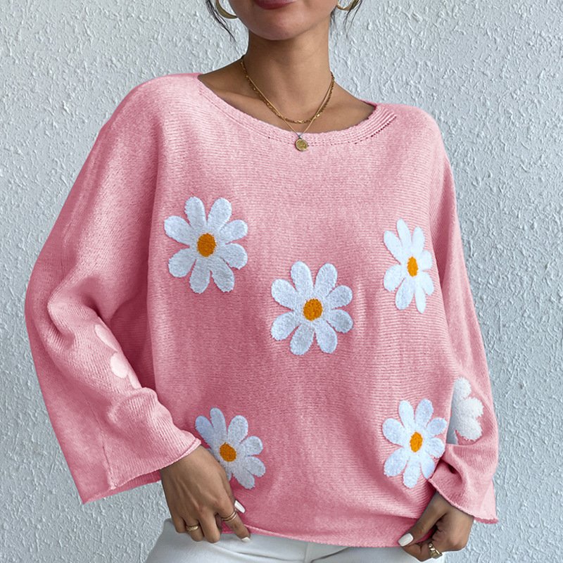 Sweet Flowers Loose Knitted Sweater For Women - Image 3