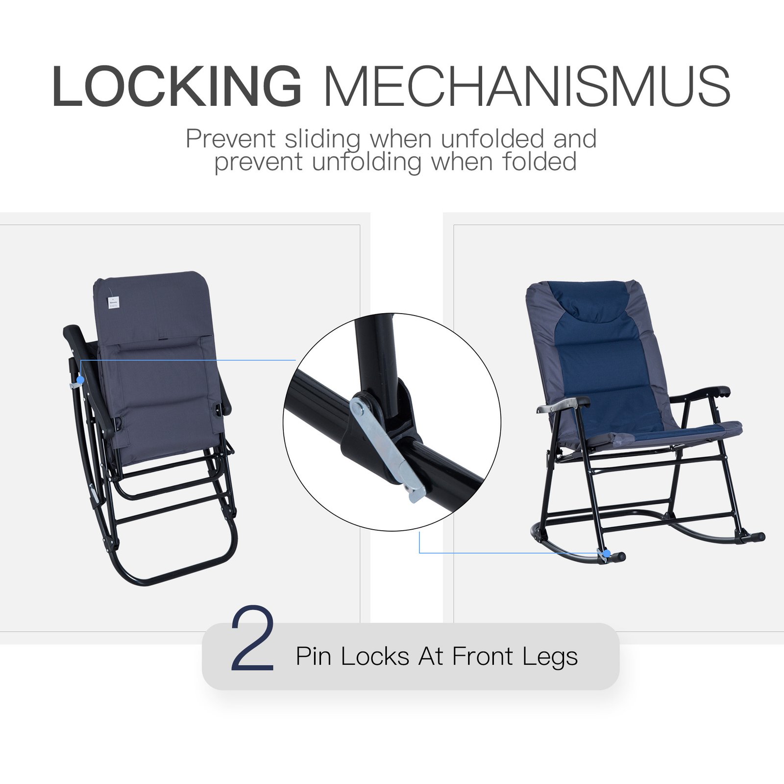 2 Piece Outdoor Patio Furniture Set With 2 Folding Padded Rocking Chairs, Bistro Style For Porch, Camping, Balcony, Navy Blue - Image 4