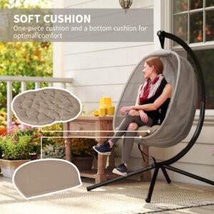 Hanging Egg Chair, Folding Texteline Swing Hammock With Side Pocket, Cushion And Stand For Indoor Outdoor, Patio Garden Furniture, Khaki