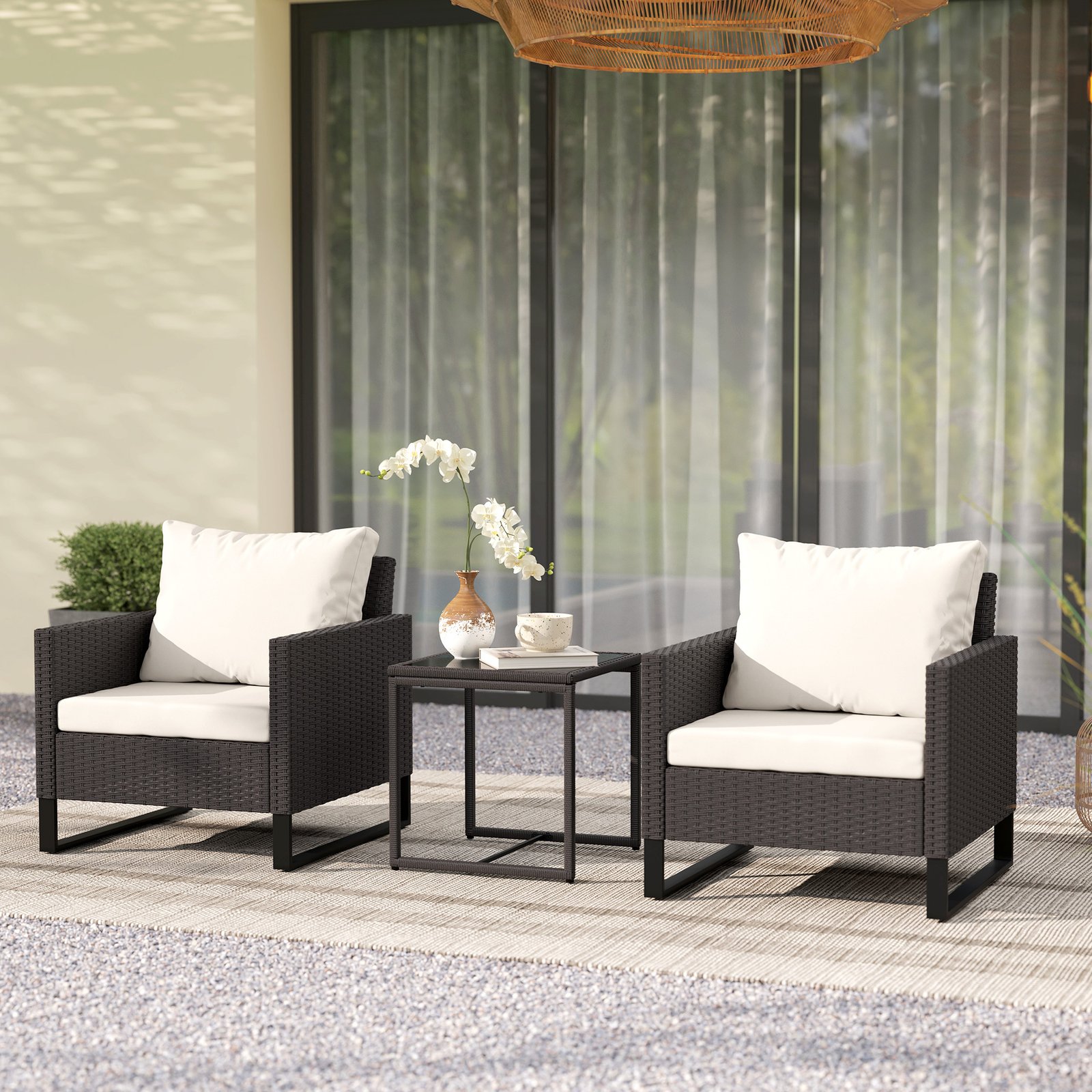 3 Pieces Rattan Bistro Set With 4 Cushions, Wicker Garden Furniture Set, Glass Top Coffee Table And Chairs For Outdoor Patio, Balcony, Terrace And Conservatory, Brown - Image 2