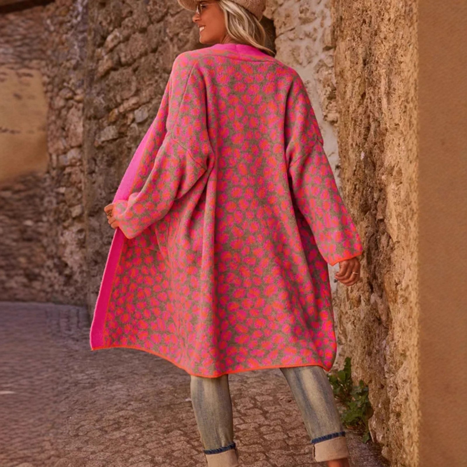Contrast Color Leopard Print Long Knitwear Fashion Retro Pocket Sweater Women's Coat - Image 3