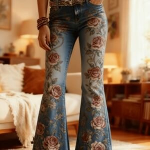 Vintage Rose Print High-waisted Denim Flared Pants - American Retro Distressed Washed Drape Floor-length Wide-leg Micro-flare Pants For Women