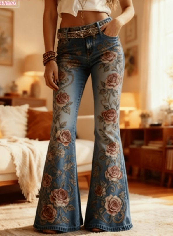 Vintage Rose Print High-waisted Denim Flared Pants - American Retro Distressed Washed Drape Floor-length Wide-leg Micro-flare Pants For Women