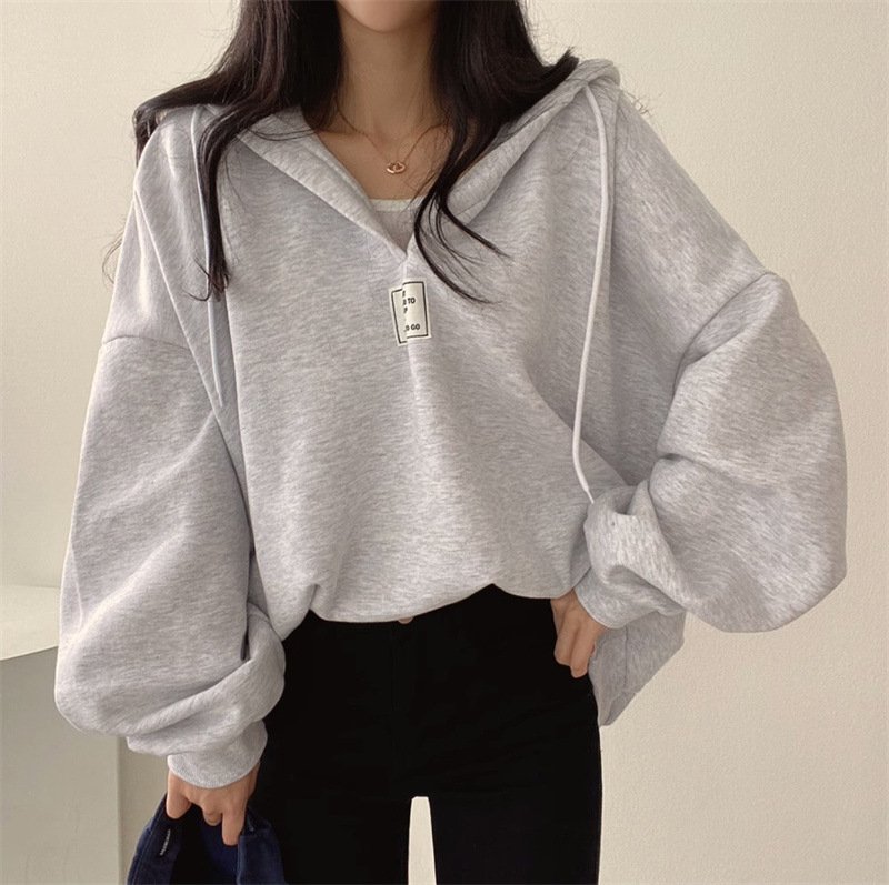 Womens Loose-fitting Versatile Hooded V-neck Sweatshirt - Image 4