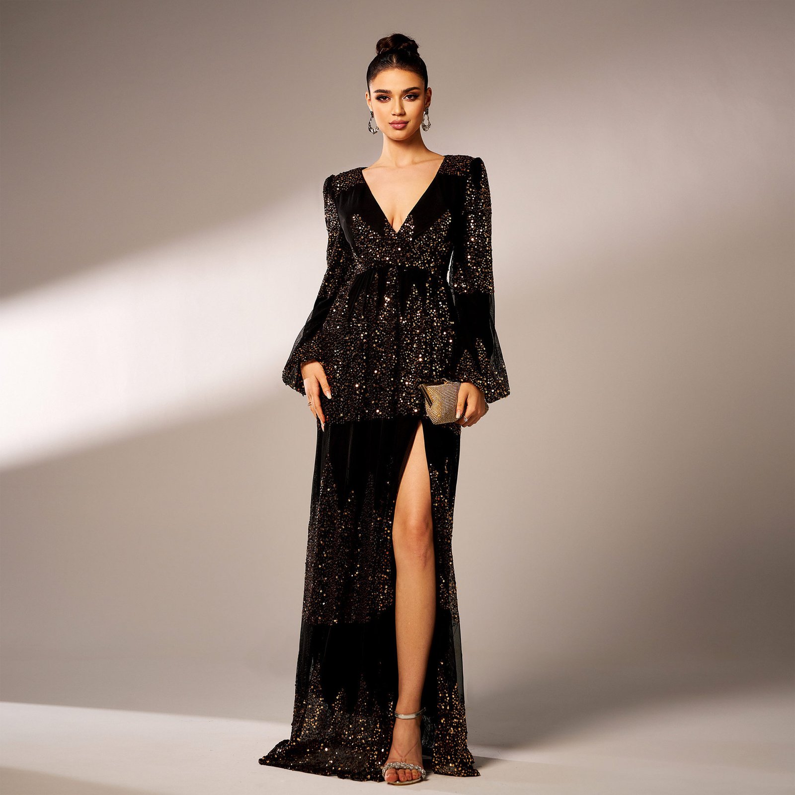 Long Sleeve V-neck Sexy Long Sequined Evening Dress - Image 6