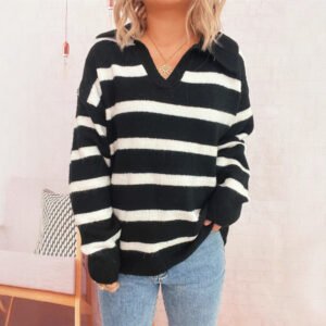 Simple Commute Stripes Contrast Color Lapels Loose-fitting Long Sleeve Sweater