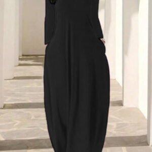 Womens Solid-Color Crew-Neck Long-Sleeve Dress With Pockets