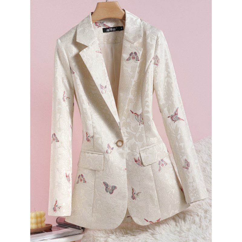 Women's Apricot Waist-tight Design National Style Printed Suit Jacket - Image 2