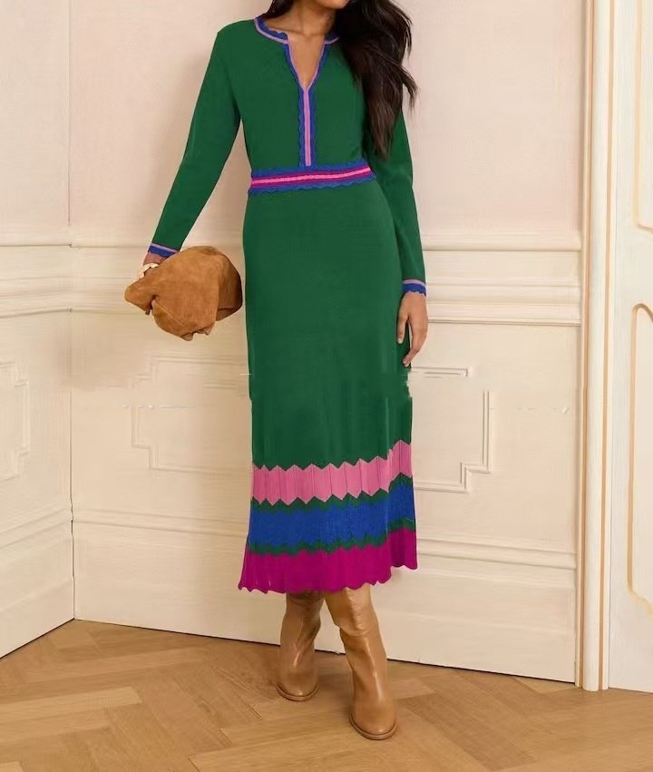 Patchwork V-neck Long Retro Waist-cinched Dress - Image 3