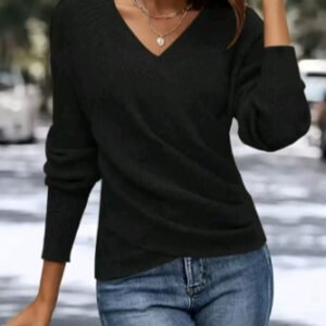 V-neck Long Sleeve Cross Solid Color Knitted Sweater