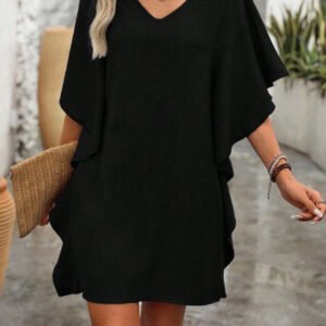 Solid-color Loose-fitting Flowing V-neck Dress With Ruffled Hem
