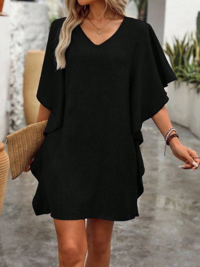 Solid-color Loose-fitting Flowing V-neck Dress With Ruffled Hem - Image 6