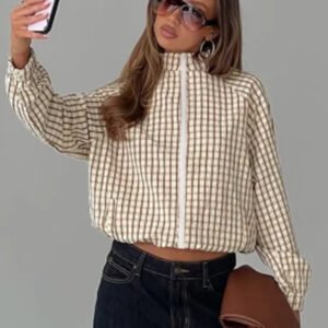 Women's Checkered Zipper Long Sleeve Coat