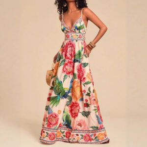 New Strap Print V-Neck Extra-Long Knitted Dress