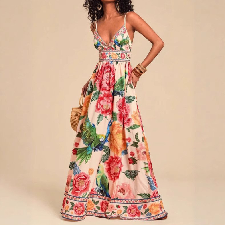 New Strap Print V-Neck Extra-Long Knitted Dress - Image 3