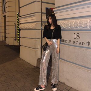 Heavy Industry Sequins High Waist Straight Trousers Women's Trousers