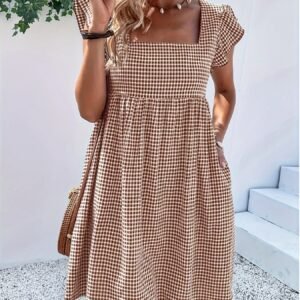Square-neck Yarn-dyed Plaid Long-sleeve Loose-fitting Dress With Zippered Pockets