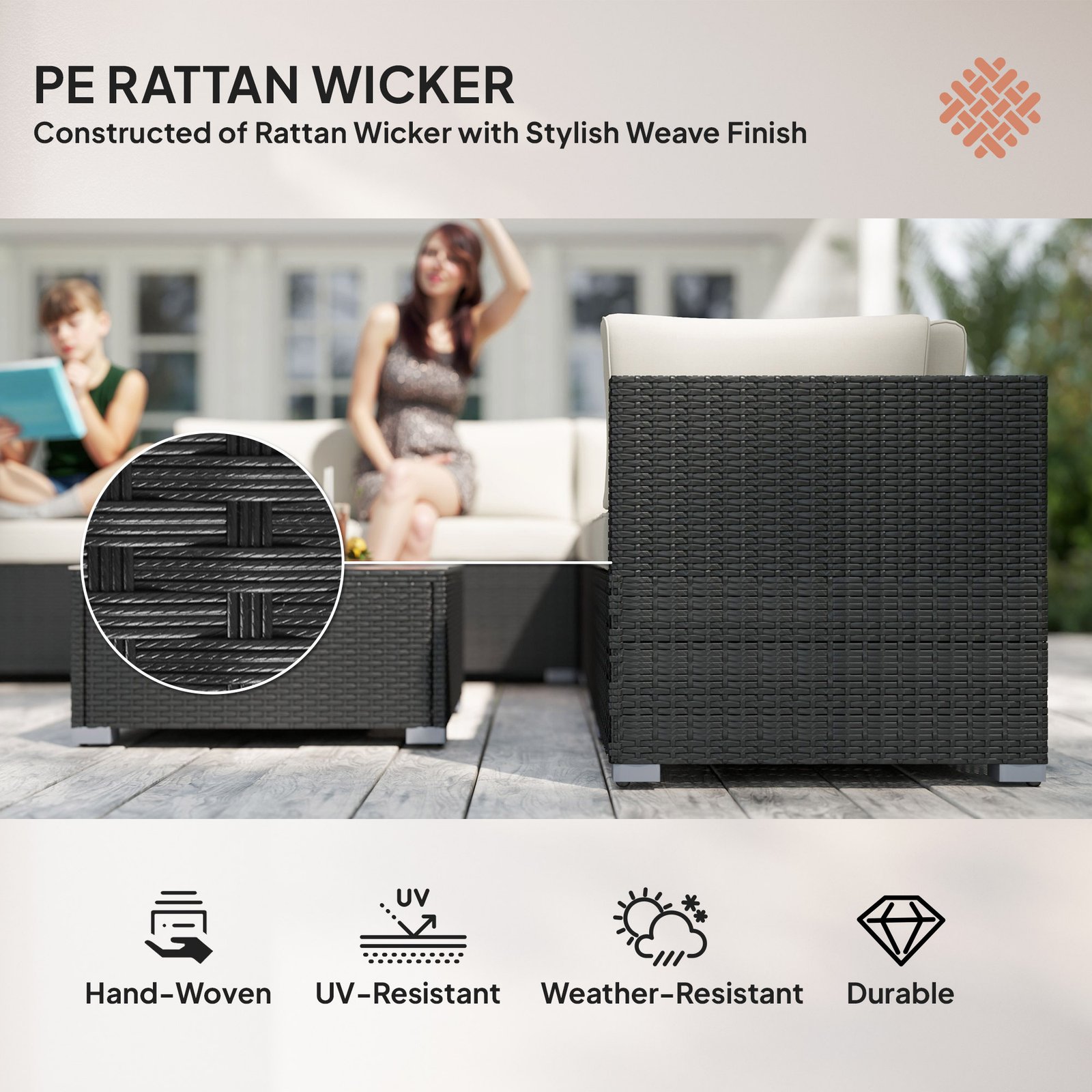 8 Piece Rattan Corner Sofa Set With Wide & Deep Seat, Assembled Aluminium PE Rattan Garden Furniture Set With Thick Cushions And Glass Top Table For Outdoor, Conservatory, Black - Image 4