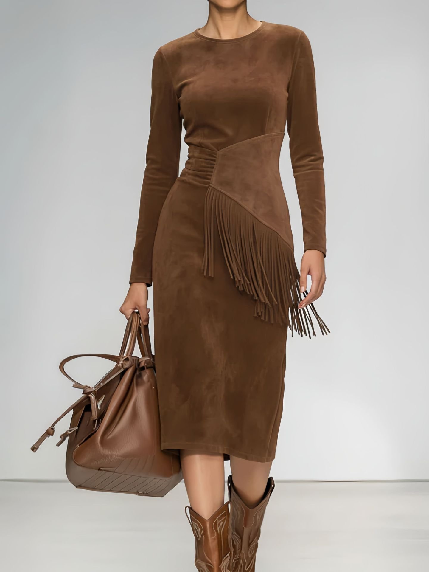 Women's Retro Western Crew-Neck Long-Sleeve Fringed Suede Velvet Dress - Image 6