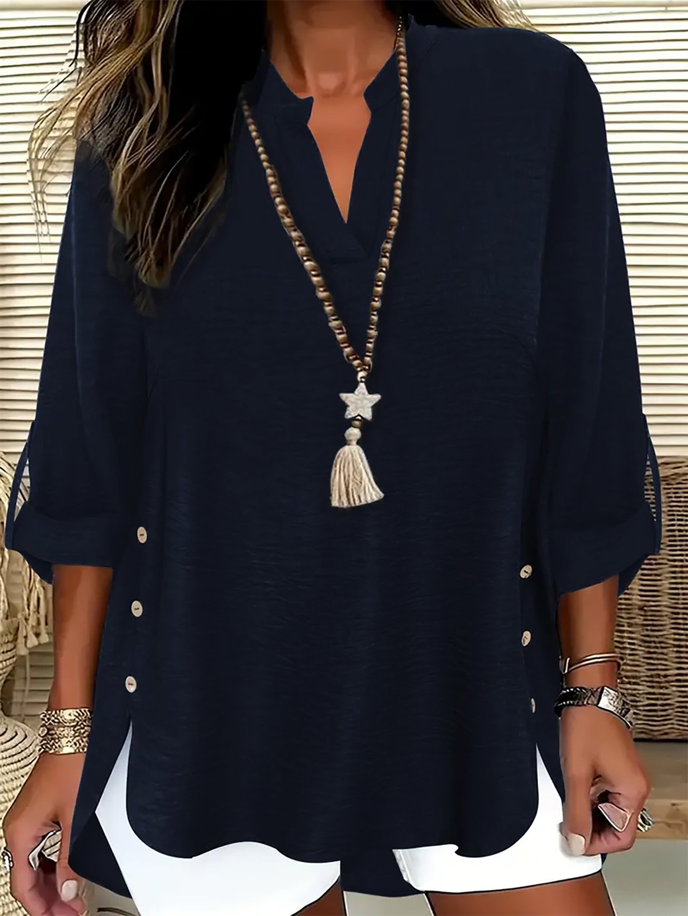 Plus-size Solid-color V-neck Top Springautumn Long-sleeve Relaxed-fit Button-up Elegant Shirt - Image 6