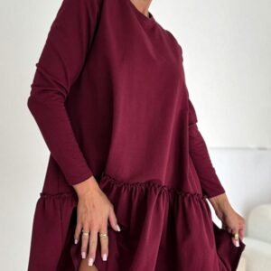 Womens Stylish Solid-color Pleated Crew-neck Dress