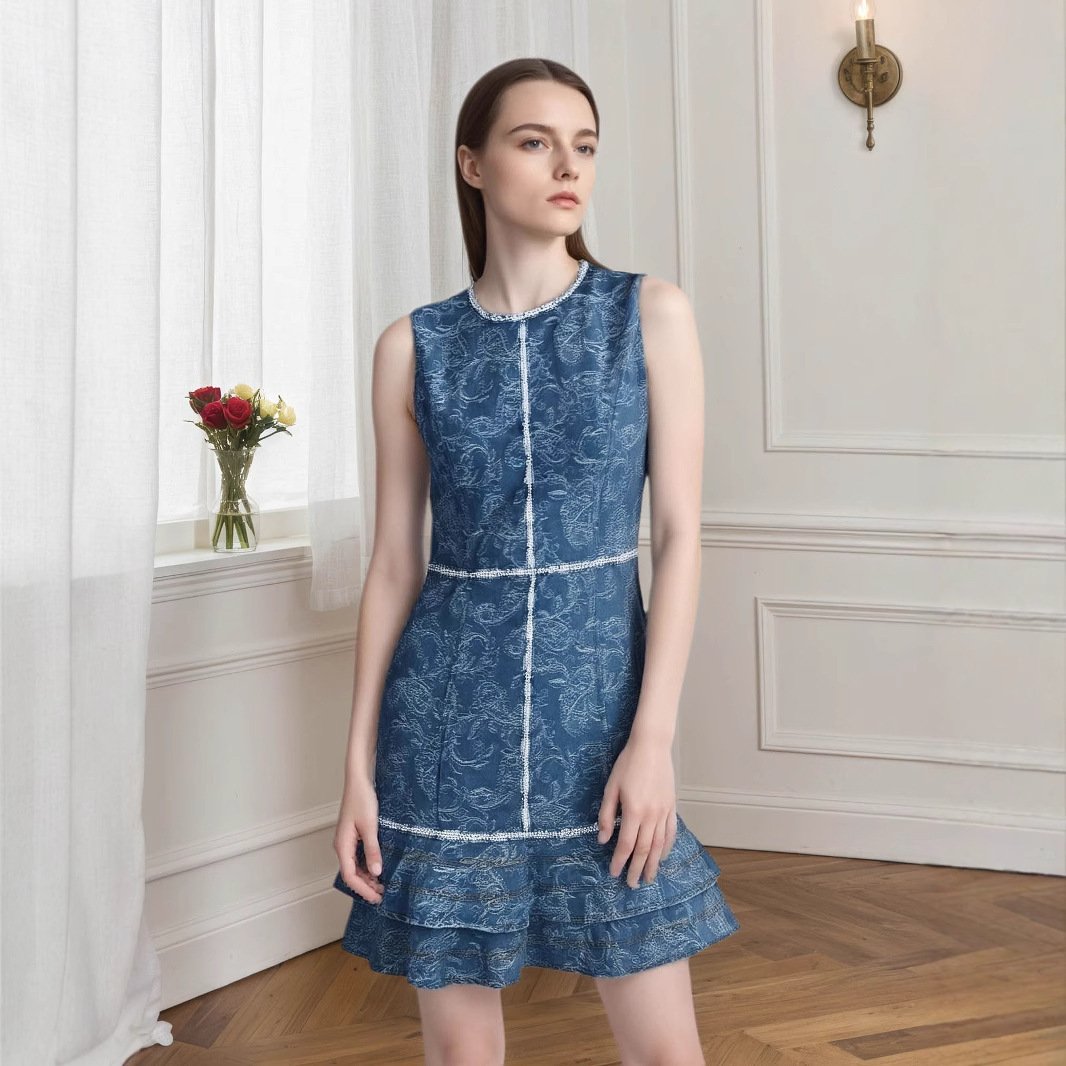 Women's Blue-and-white Printed Denim Dress