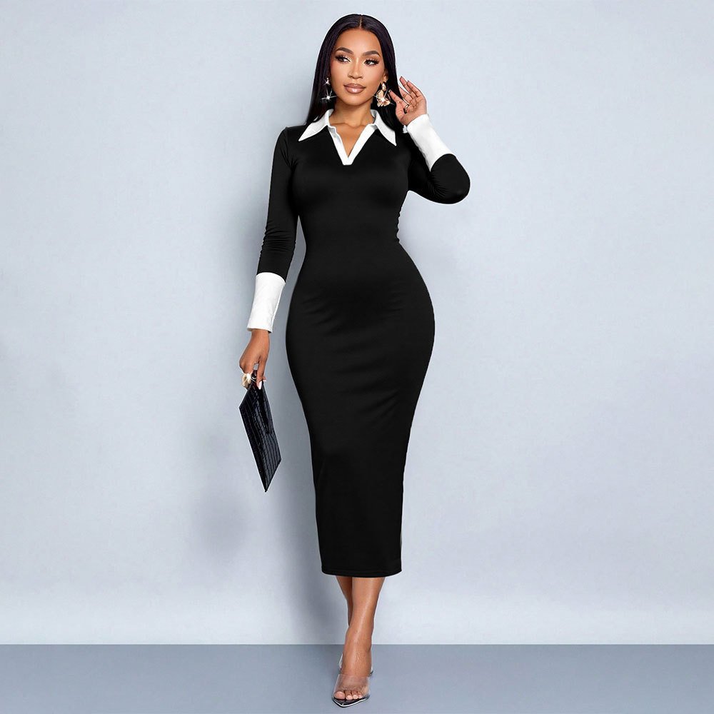 Sexy V-neck Shirt Collar Spliced Slim Fit Bodycon Midi Dress For Women - Image 6