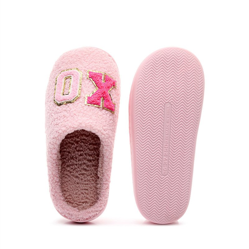 Warm Grid Letter Cotton Women's Slippers - Image 3