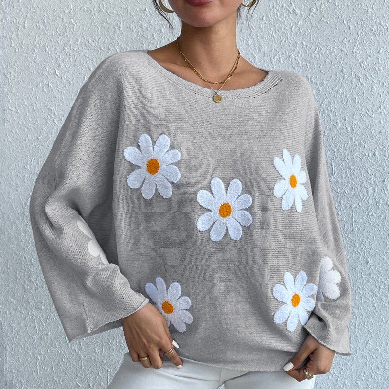 Sweet Flowers Loose Knitted Sweater For Women - Image 2