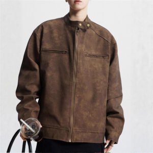 Vintage Brown Motorcycle Leather Autumn Merard Stand-up Collar Distressed Coat