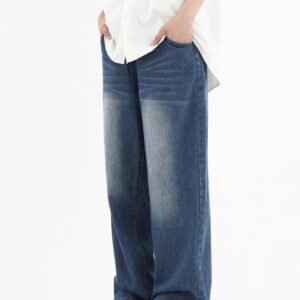 Vintage Smoky Gray Elastic Waist Jeans For Men And Women
