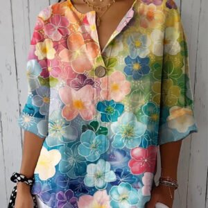 Summer New 3D Printed Women's Fashion V-neck Long Sleeve Shirt Top