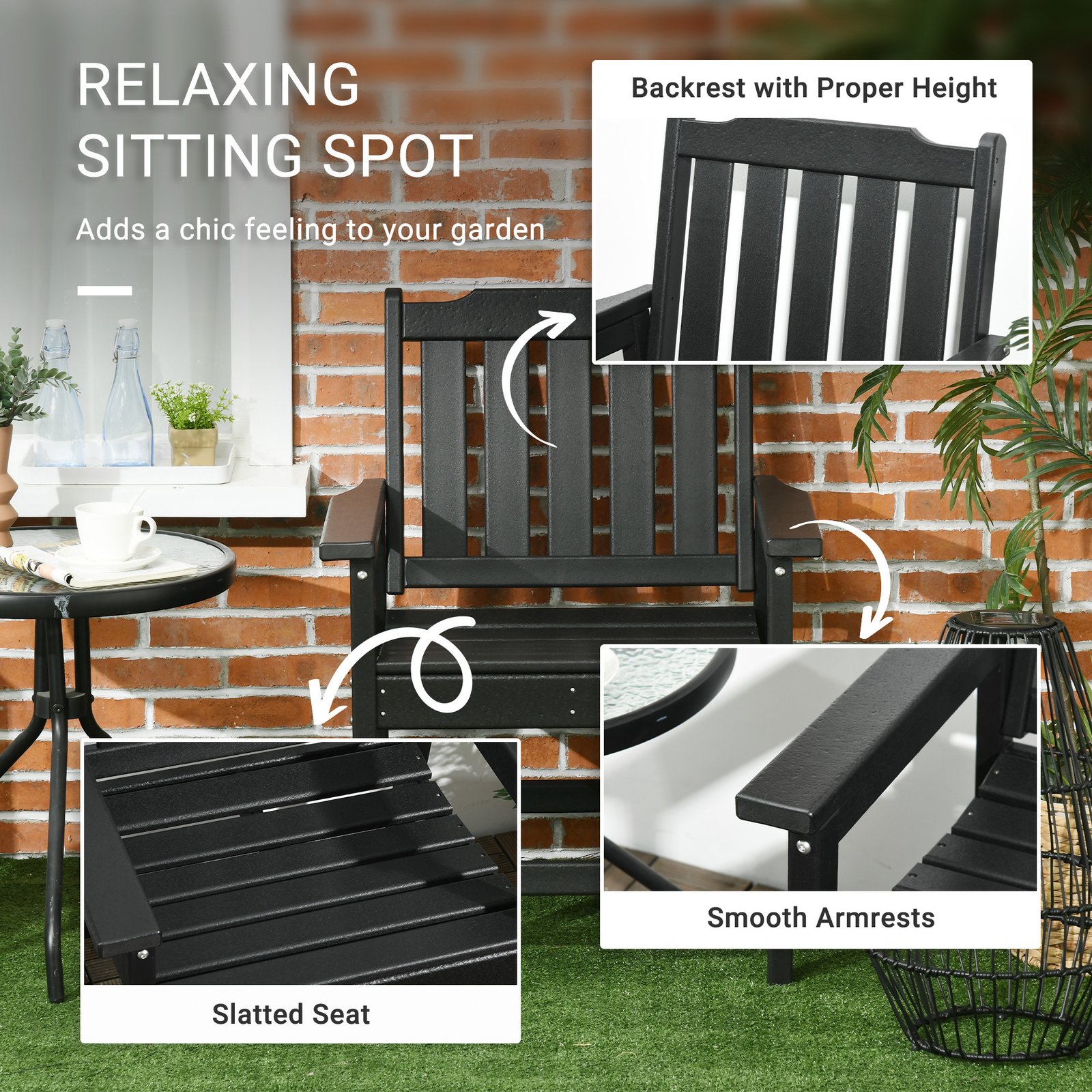 2 Piece All-Weather Patio Chairs, HDPE Patio Dining Chair Set, Heavy Duty Wood-Like Outdoor Furniture, Black - Image 4