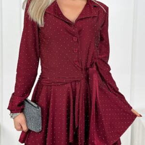 Silver-embellished Ruffled V-neck Chic Long-sleeve Dress