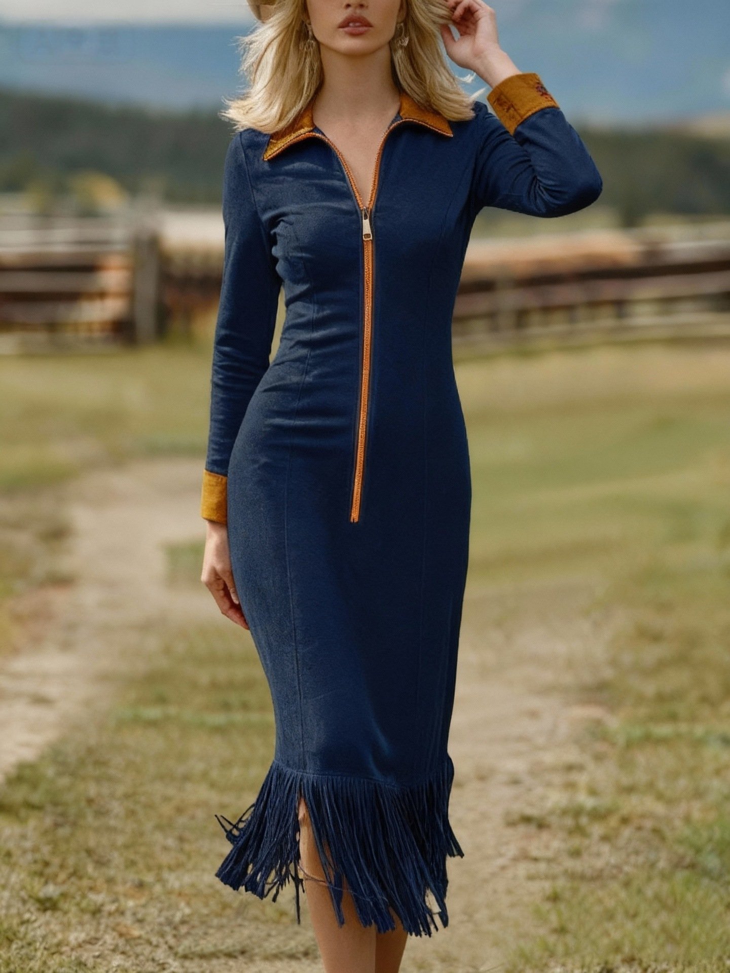 Faux Deerskin Velvet Contrast-color Long-sleeve Slim-fit Dress - Image 5