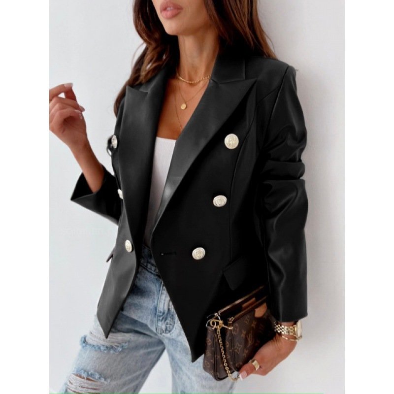 Long Sleeve Double Breasted Fashion PU Leather Suit - Image 6