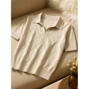 Women's Polo-Neck Diamond-Knit Short-Sleeve Pullover