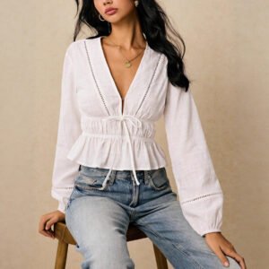 Women's Long-sleeved Bohemian Style Deep V-neck Ruffle Blouse