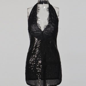 Fashionable Neck Hanging Sequin Waist Cinching Short Dress