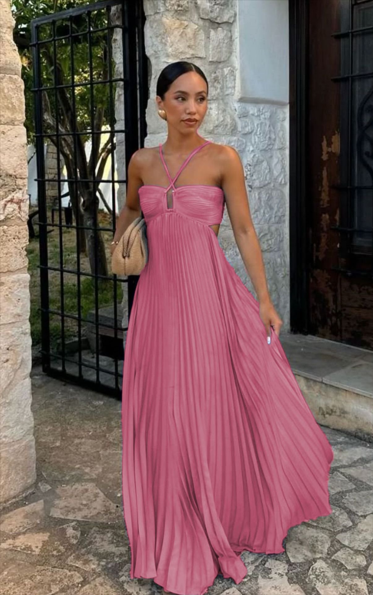 Ins Pleated Sleeveless Sling Dress Hollow High Waist Halter Robe Dresses For Evening Party Club Clothing Women - Image 8