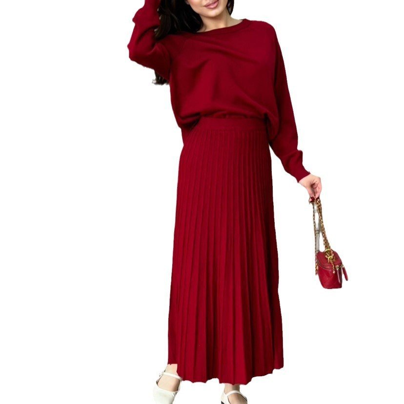 Women's Fashion Round Neck Solid Color Long Sleeved Pleated Skirt Set - Image 5
