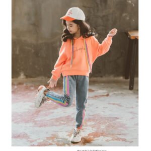 GirlsSuit Autumn New Korean GirlsMiddle And Large Childrens Color Rope Solid Color Hooded Sweater Leisure Two Piece Set