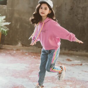 GirlsSuit Autumn New Korean GirlsMiddle And Large Childrens Color Rope Solid Color Hooded Sweater Leisure Two Piece Set